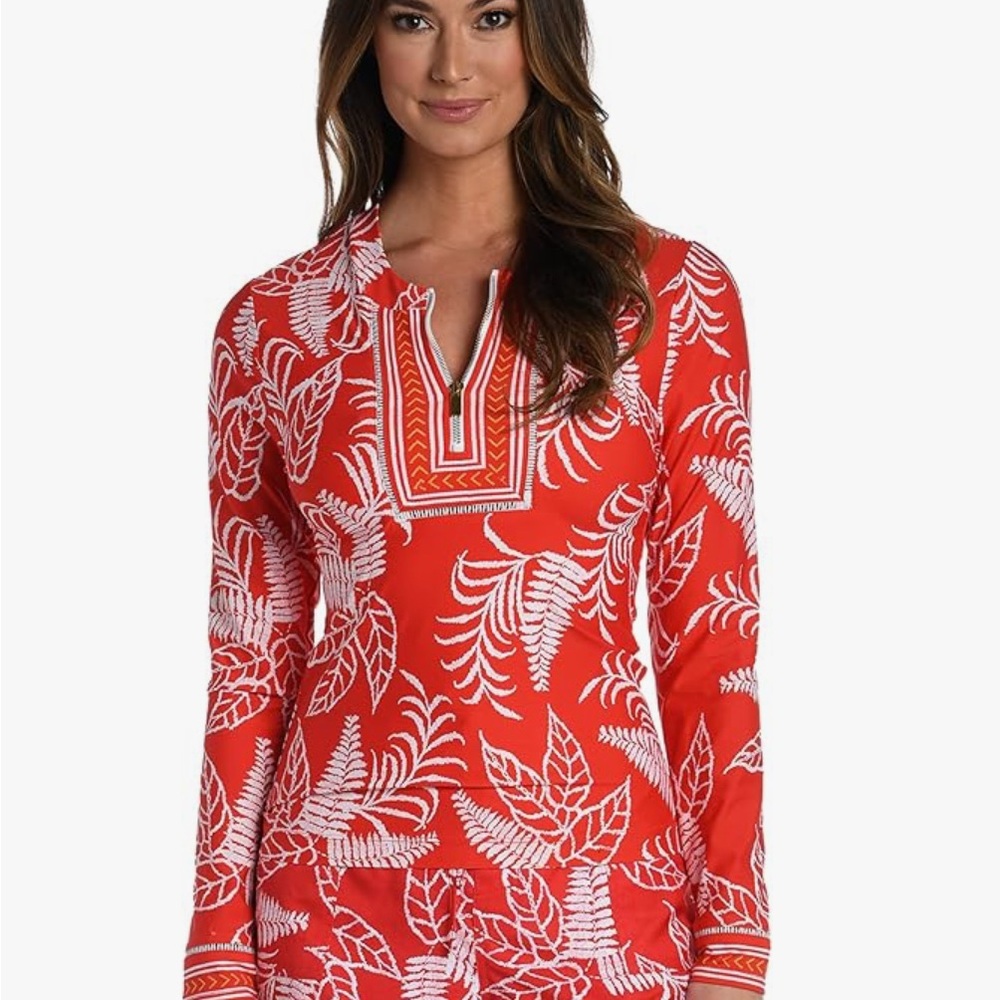 La Blanca Red and White rash guard top